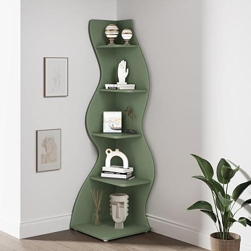 Tribesigns Corner Shelf, Modern 5-Tier Wall Corner Bookshelf, Stylish Corner Small Bookcase Storage Rack Plant Stand with Unique Shape for Living Room, Home Office (Sage Green, 1PC) thumbnail 8