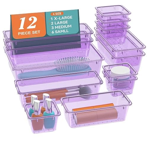 ElegantArray 12-Piece Drawer Organizer Set, 4 Sizes Versatile Plastic Vanity Organizer for Makeup, Stationery, Gadgets, in Kitchen, Bathroom, Office, and Bedroom, Purple - Image 1