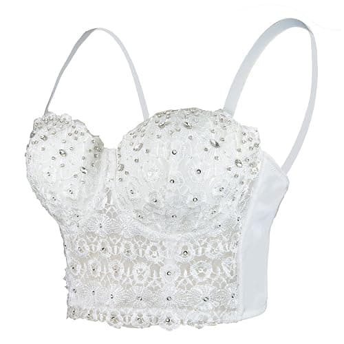 ELLACCI Women's Natural Reigning Lace Rhinestone Bustier Crop Top Sexy Mesh Corset Top Bra - Image 1