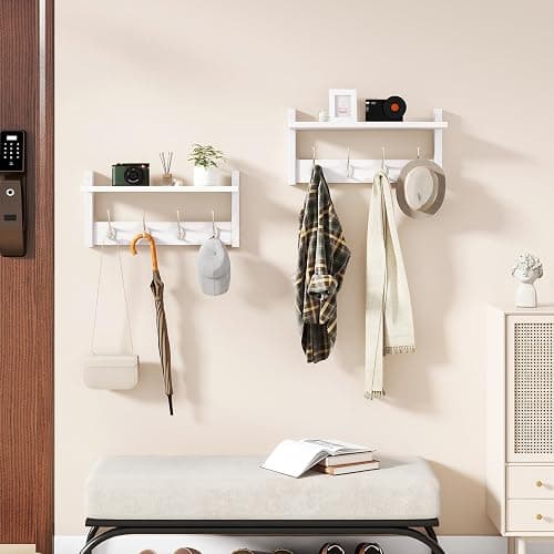 YMYNY Coat Rack Shelf Wall Mounted, Coat Hooks Set of 2, Entryway Coat Hanger with 4 Double Hooks, 31.5" Wall Floating Shelf with Hat Rack, for Kitchen, Bedroom, Bathroom, White UHWS001W-2 thumbnail 2
