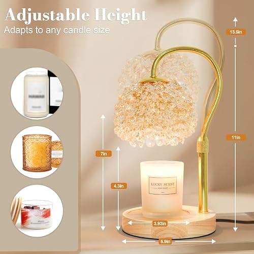 Hisummer Candle Warmer Lamp with Timer, Dimmable Candle Lamp Warmer with 312 K9 Crystals Adjustable Height Electric Candle Warmer for Women Gifts, Wax Warmer Lamp with 2 Bulbs for Jar Candles thumbnail 5