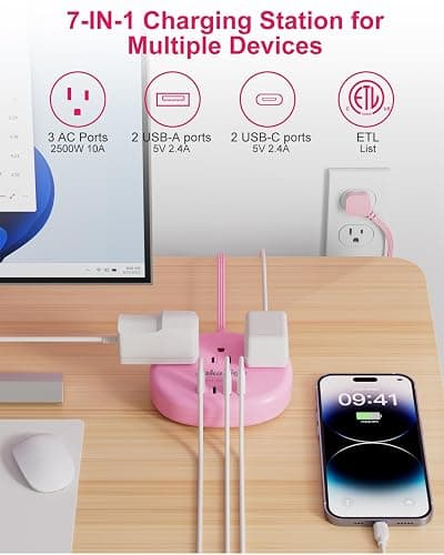 Pink Extension Cord with Surge Protected 1080J - 5 FT Kawaii Power Strip, 1625W Cute Extension Cord with 3 AC Outlet 4 USB (24W/4.8A), Compact for Cute Pink Kawaii Desk Home Essentials thumbnail 2