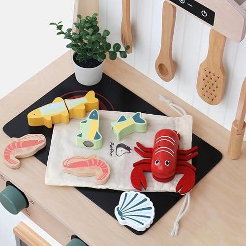 PairPear Wooden Toy Play Food Cutting Seafood Set for Kids Kitchen | Toddlers Wooden Toy Food Pretend Play Kitchen Accessories, Cutting Food Cooking Toys Gift for Boys Girls 3 4 5 + thumbnail 2