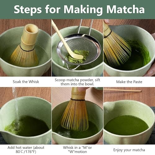Domaci Matcha Whisk Set, 7 Pcs Japanese Matcha Kit Includes Matcha Bowl with Spout, Bamboo Whisk, Chasen Holder, Stainless Sifter, Scoop and Rest, Tea Towel, Matcha Tea Set Gift for Family/Friend thumbnail 7
