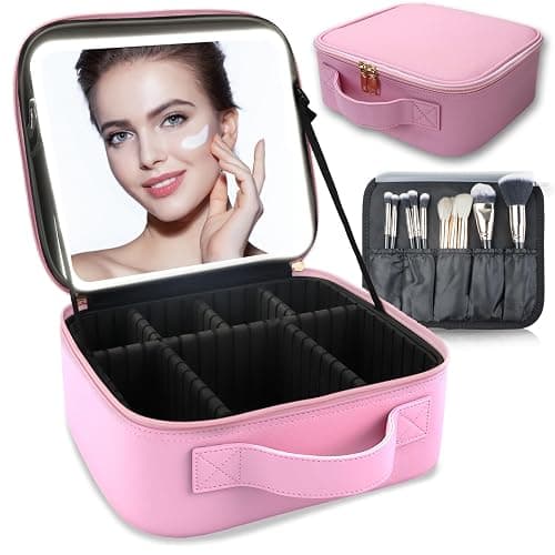 SUILU Makeup Bag with Led Mirror,with 3 Color Setting,Portable Storage and Adjustable Dividers Travel Makeup Bag, for Women and Makeup Artists Large Vanity Makeup Cases-Light Pink - Image 1