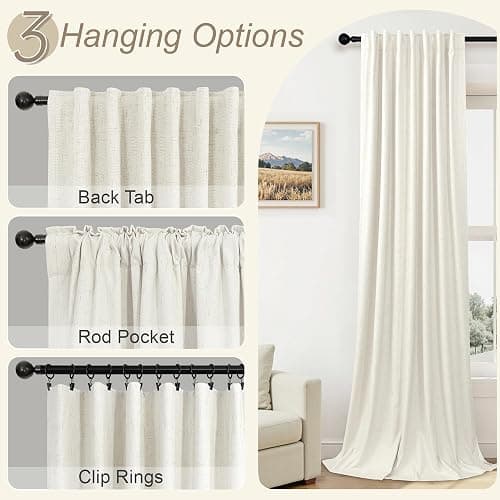100% Blackout Curtains 84 Inch Length 2 Panels Set Neutral Boho Linen Farmhouse for Bedroom Windows Living Room Darkening Thermal Insulated Drapes Natural Cream Ivory 7ft Long Back Tab Pleated Pocket thumbnail 6