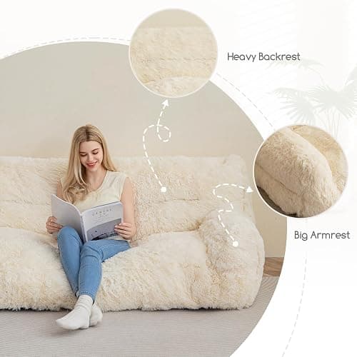 HIGOGOGO Giant Human Dog Sofa Bed, Big Comfy Floor Sofa Couch for Pet Families with Foam Chunk Supportive Mat, Fluffy Faux Fur Orthopedic Dog Bed for Human, XXXL Size, Beige thumbnail 4