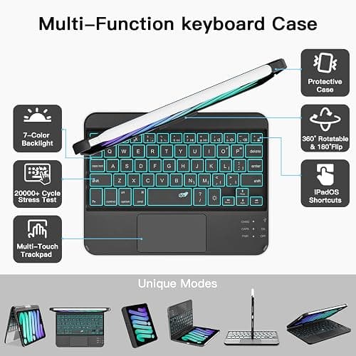 RAYMCRAFT Keyboard Case for iPad mini 7 A17 Pro(2024) & Mini 6 (2021) 8.3", 360° Rotate Case for iPad mini 7th/6th Generation, 7 Colors Backlit Keyboard with Trackpad, Type-C Rechargeable, Black thumbnail 4