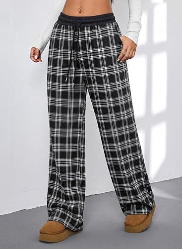 Aleumdr Women's Plaid Wide Leg Sweatpants Gingham Baggy Lounge Pajama Pants | Plaid Checkered Pants, Baggy Lounge Pants, with Pockets, Drawstring Elastic Wait, For Spring Fall, Comfy Loose Fit, PJ Bottom thumbnail 2