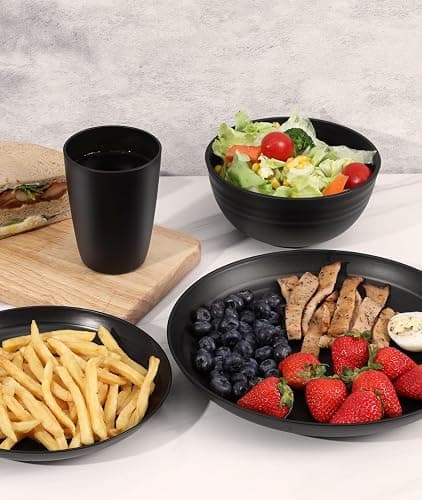 Quatish 24 Piece Plates and Bowl Set for 6, Dinnerware Dish Set for Kitchen | Unbreakable, Dishwasher Microwave Safe, House Warming Gift New Home,Dorm Apartment Essential, Kitchen and Dining Decor, Black thumbnail 2