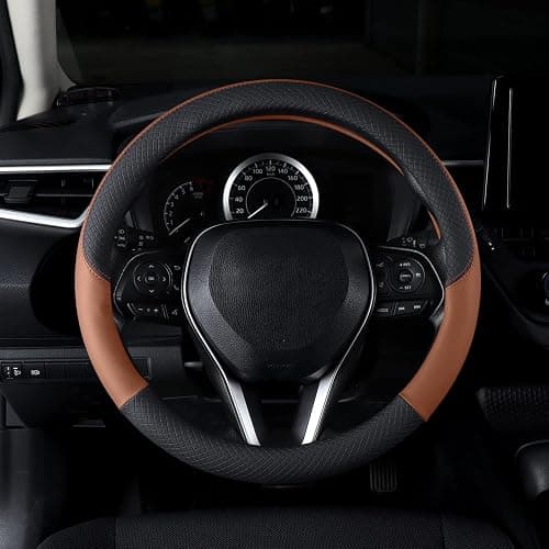 Follicomfy Auto Car Genuine Leather Steering Wheel Cover Anti Slip Wrap 15" (Brown) thumbnail 2