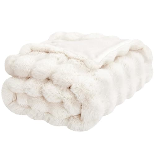 JONIYEAR Soft Fuzzy 900GSM Bubble Faux Rabbit Fur Throw Blanket 50" x 60", Double Sided Solid Thick Warm Fluffy Blanket for Winter, Luxury Cozy Puffy Shaggy Comfy Furry Blankets for Couch, Cream White - Cream White - 900gsm - Travel/Throw Size - 50" x 60" thumbnail 7
