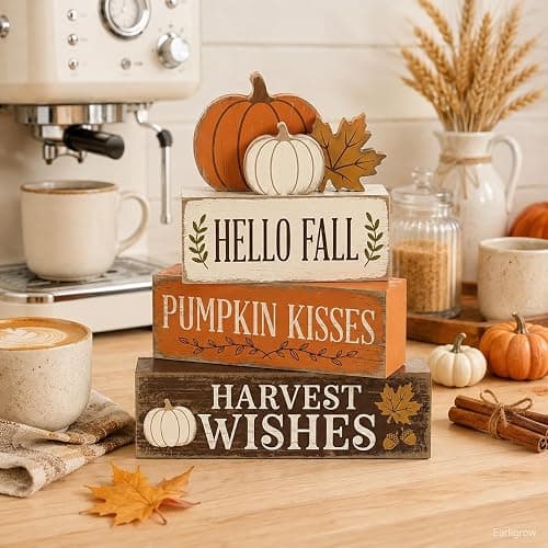 Hello Pumpkin Leaves Fall Decor, Fall Decorations for Home | 4 Pcs Pumpkin Fall Home Decor Farmhouse Autumn Thanksgiving Table Tiered Tray Decorations, Fall Party Centerpiece for Kitchen thumbnail 7