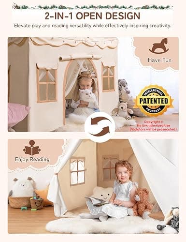 besrey Kids Tent, 2 in 1 Play Tents with Padded Mat and Lights, Large Playhouse for Kids with 2 Doors & 4 Windows, Kids Play Tent House Indoor & Outdoor, Toddler Tent for Girls Boys thumbnail 2