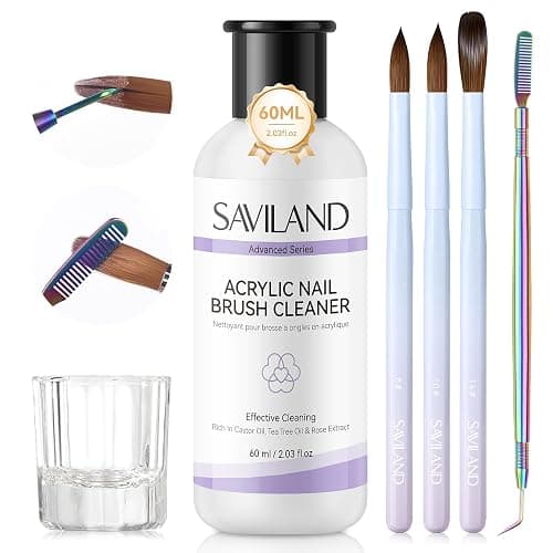 SAVILAND Acrylic Nail Brush with Cleaner: Size 8,10,14 Professional Acrylic Brushes Makeup Brushes Cleaner Conditioner Nail Brush Cleaner Tool & Dappen Dish for Acrylics Nails Home Salon DIY - Image 1