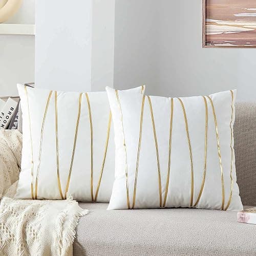 WACOMECO Soft Throw Pillow Covers - Pack of 2 Velvet Decorative Cushion Covers Cases for Sofa Bedroom Livingroom Car, 18" x 18", White and Gold - Image 1