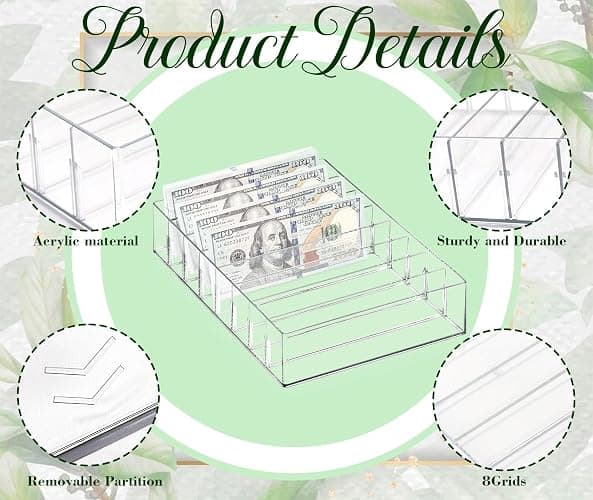 XUWAIDSGN Large Acrylic Cash Organizer 8 Section Clear Money Budget Tray Organizer Plastic Divider Bill Storage Holder for Cash Envelope (Clear) thumbnail 4