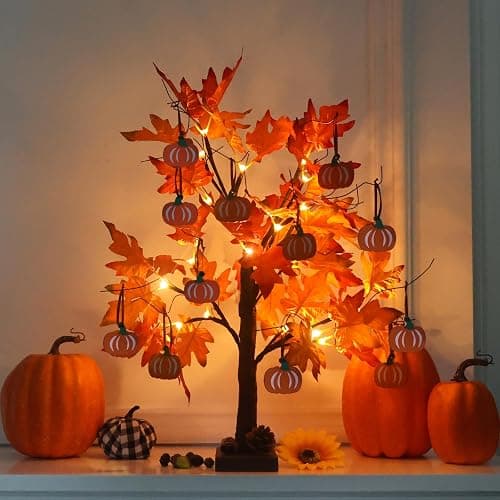 hogardeck Fall Decorations for Home, Thanksgiving Decorations, 24”2FT Lighted Maple Leaves Tree with 24 LEDs & 12 Wood Pumpkin Ornaments, Battery Powered Timer Artificial Trees for Autumn Table Decor - Image 1