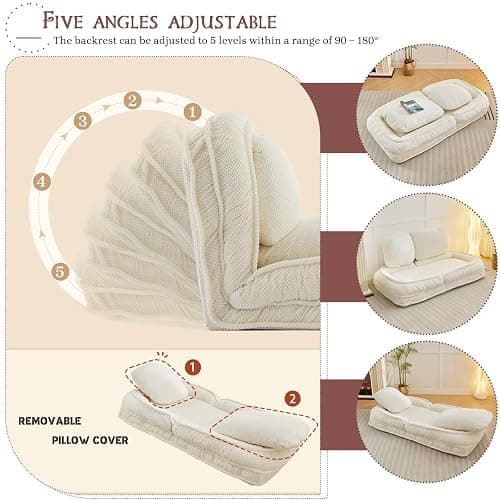 Upholstered Human Dog Bed for Adult & Pets, Convertible Lazy Sofa Bed with 5 Adjustable Position, Comfy Tatami Bean Bag Lounge Chair with 2 Soft Pillows for Bedroom Living Room Office (Beige) thumbnail 4