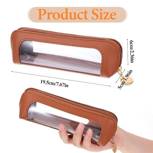 Small Clear Makeup Pouch, PU Leather Makeup Brush Bag Portable Travel Mini Cosmetic Bag Transparent Waterproof Organizer Pouch with Zipper for Women Home Travel Office Cosmetic Storage (Brown) thumbnail 3