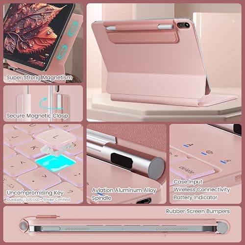 RAYMCRAFT for iPad 11th(A16, 2025)/10th Generation Case with Keyboard, Magic Keyboard 2022, Springy Backlit Keys, Stain-Resistant Surface, Multi-Touch Trackpad,Pink thumbnail 5