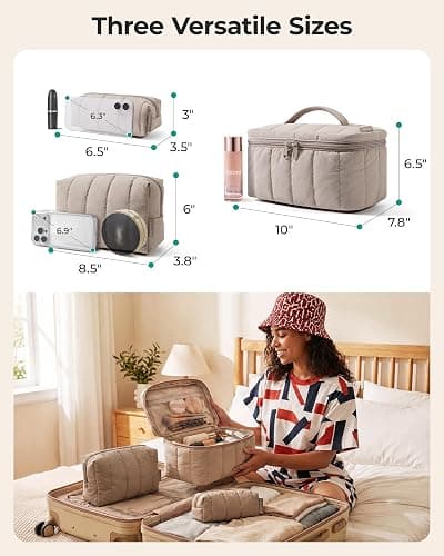 BAGSMART Travel Makeup Bag for Women, 3 Pcs Puffy Padded Cosmetic Organizer Bag, Large Toiletry Case and Small Purse Pouch for Gym, Work, Girls (Tan Brown) thumbnail 6