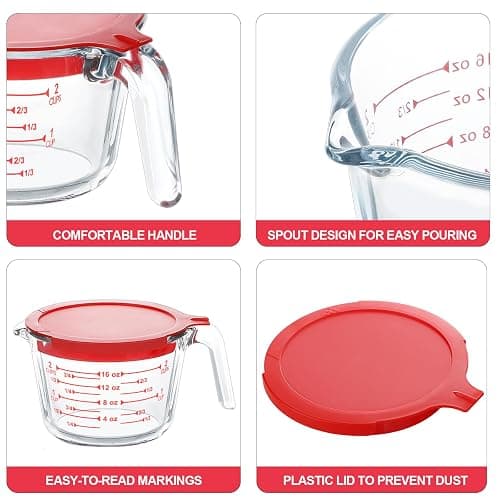 KOMUEE 4 Piece Glass Measuring Cups Set, 5 Oz, 1-Cup, 2-Cup, 4-Cup Liquid Measuring Cups with Lids for Kitchen, Freezer and Microwave Safe thumbnail 5
