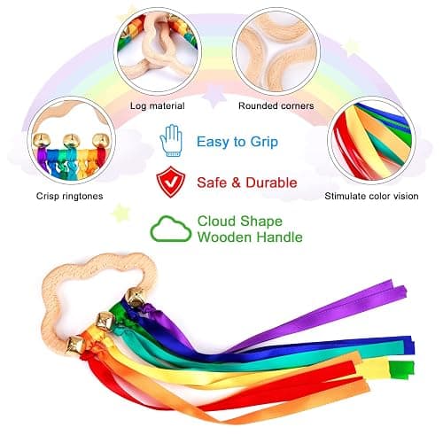 Baby Sensory Wooden Rattle Toys - 2PCS Rainbow Ribbon Rattles Ring Toy for Babies 0-6 Months, Wood Baby Montessori Toys with Bells for 0-12 Months Newborns Infants Toddlers Boy Girl as Shower Gifts thumbnail 4