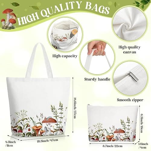FoldTier 3 Pcs Plant Lover Gifts for Women, Thanksgiving Aesthetic Gifts for Mom, Grandma, Floral Canvas Tote Bag, 16 oz Coffee Cup with Straw Lid, Makeup Bag for Baby Shower, Wedding(White,Mushroom) thumbnail 3