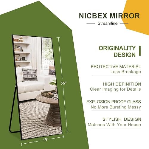 NicBex Full Length Mirror with Stand, 56"x19" Aluminum Alloy Frame Floor Mirror, Black, Shatter-Proof Glass - Free Standing, Leaning Against Wall or Wall-Mounted, for Bedroom Living Room Dressing Room thumbnail 2