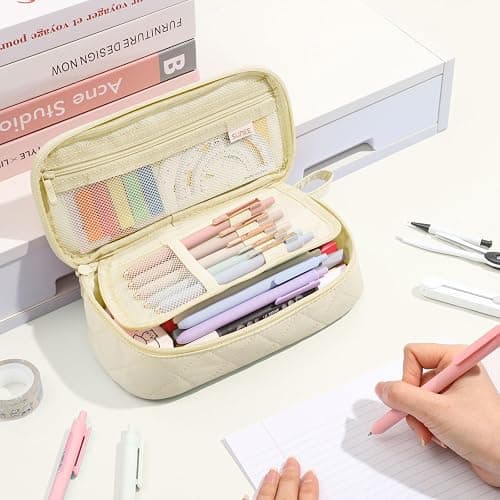 SUNEE Cute Pencil Case, Large Capacity Pencil Pouch Aesthetic Zipper Pencil Bag, Big Storage Pen Organizer for Stationery, Soft Quilted Pencil Box Back to School Supplies for Teen Girls Boys, Cream thumbnail 2