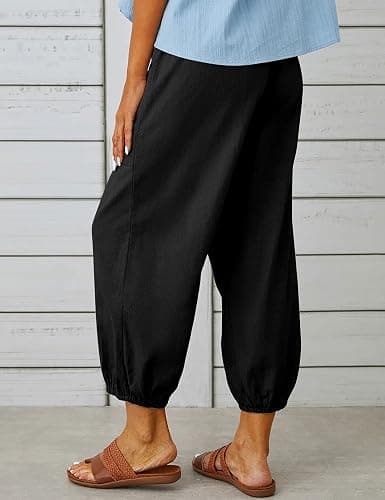 HangNiFang Cotton Linen Capri Pants for Women High Elastic Waisted Drawstring Cropped Pants with Pockets thumbnail 3