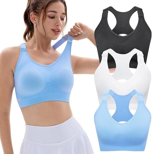 FITTIN Sports Bras Pack for Women: Padded Support Adjustable Strap Racerback Bra for Workout Gym Yoga Large Bust - Black/White/Ice Blue - Large - Image 1