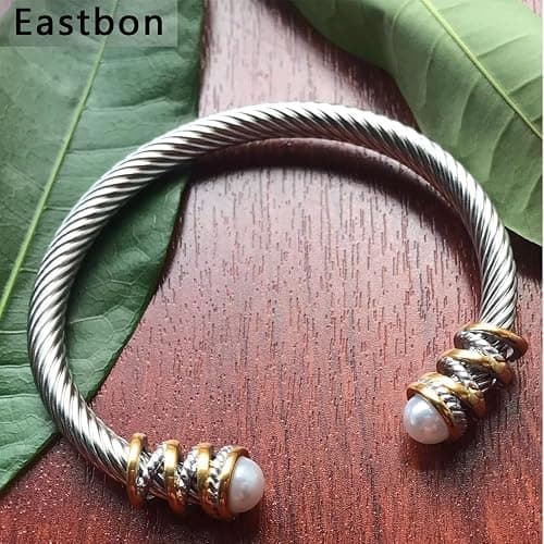 Eastbon Twisted Cable Bracelet with Composite Shell Pearl 6" Antique Cuff Bracelets for Women thumbnail 6