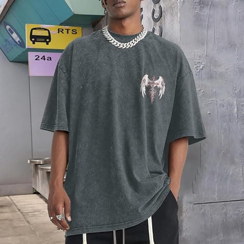 Lytiarul Vintage Goth Punk Shirts for Men Grunge Streetwear Oversized Tshirts Gothic Cross Y2k Graphic Tees Acid Wash T Shirt thumbnail 2