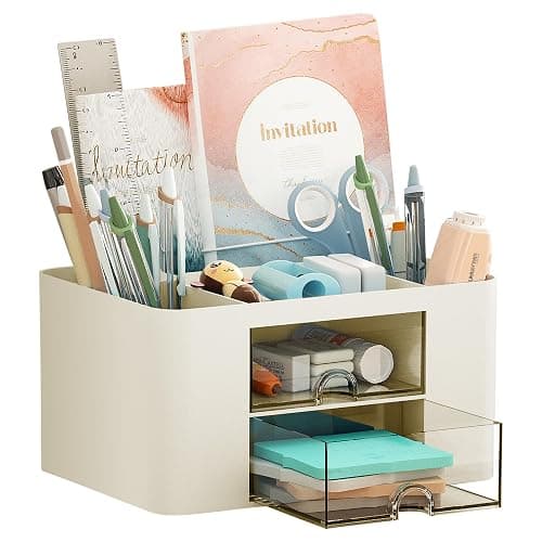 Marbrasse Plastic Pencil Holder for Desk, Pen Organizer with 2 Drawers | Desk Organizers and Accessories with 5 Compartments, Cosmetic Brush Holder for Office Art Supplies(Beige) - Image 1