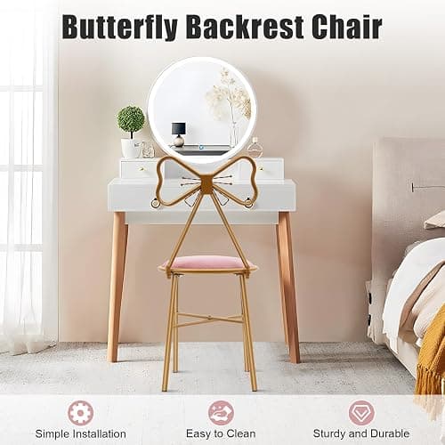 DYRABREST Makeup Vanity Chairs Stool for Bedroom with Bow Knot Backrest and Velvet Cushion Bedroom Pink Princess Chair with Golden Metal Leg for Girl Room 32.3 inch Tall (Dark Pink) thumbnail 5