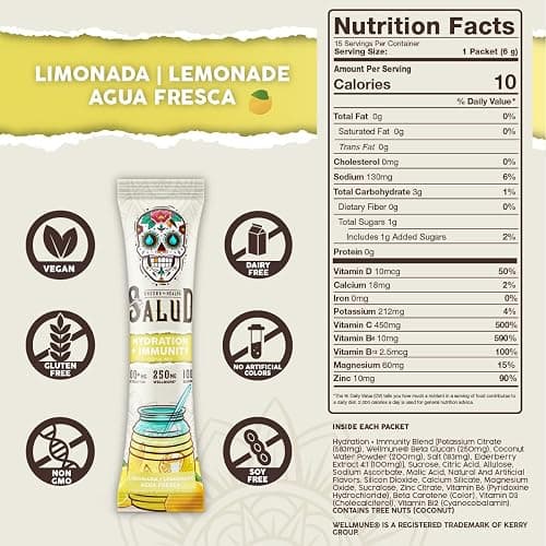 Salud 2-in-1 Hydration Packets + Immunity Electrolytes Powder, Lemonade - Agua Fresca Drink Mix, Elderberry, Dairy & Soy Free, Non-GMO, Gluten Free, Vegan, Low Calorie, 1g Sugar (15 Servings) thumbnail 3
