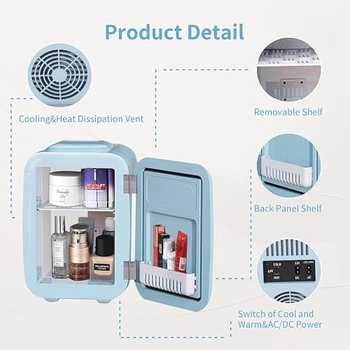 YASHE Mini Fridge for Bedroom, 4 Liter/6 Cans Small Fridge, AC/DC Thermoelectric Cooler and Warmer Mini Fridge for Drink Office Dorm Car, Blue thumbnail 7