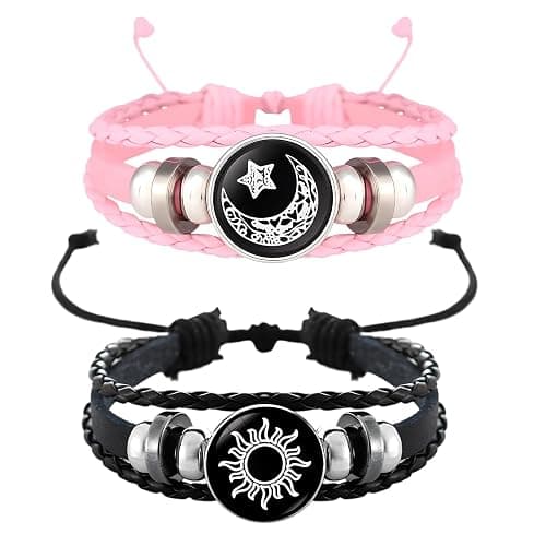 Sun and Moon Bracelets for Couples, Matching Black and Pink Adjustable Set, Couples Jewelry Gift for Him and Her - Image 1