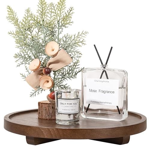 Round Decorative Tray Wood Bathroom Counter Organizer Farmhouse Kitchen Decor Wooden Riser for Soap Dish, Perfume, Candle, Sponge, 11" - Walnut thumbnail 6