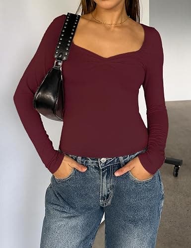 TiulZial Women's Long Sleeve Shirts Going Out Tops Basic Cute Pleated Sweetheart Neck Y2K Fall T Shirts thumbnail 3