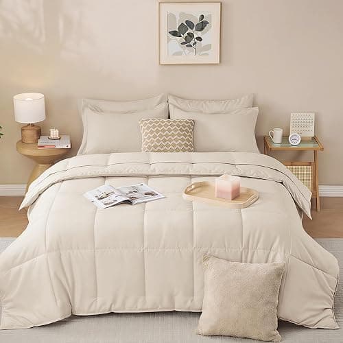 JOLLYVOGUE Queen Comforter Set, Ultra-Soft Bed in a Bag Queen Size 7 Pieces, Oeko-TEX Certified Bedding Set with Down Alternative Comforter, Sheets, Pillowcases & Shams, Beige thumbnail 9