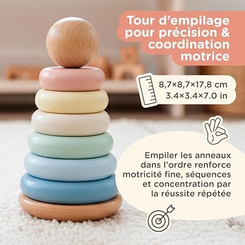 Nene Toys Jouet Montessori en Bois 3-en-1 pour Bébé 1 an – Arc-en-Ciel en Bois, Tour à Empiler & Jeu d’Encastrement – Jouet d’Éveil Enfant 1–3 Ans – Idée Cadeau Fille Garçon – Couleurs Pastel thumbnail 4