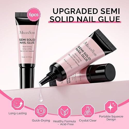 MelodySusie Semi Solid Nail Glue, Quick Drying No Need for UV Lamp Glue Gel Long Lasting for Fake Acrylic Press On Nails, 5ml*6pcs | Quick Drying, No UV Lamp Needed, Long Lasting, Nail Glues DIY Home Salon Manicure Portable Packaging thumbnail 4
