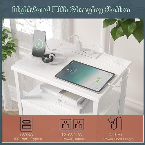 sthmec Nightstand with Charging Station,LED White Nightstand with 4 Fabric Drawers PU Finish, Bedside End Tables, 2-Tier Open Storage Shelf Side Table Nightstand with Drawers for Bedroom,White thumbnail 4