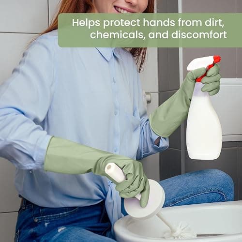 Rubber Cleaning Gloves for Dishwashing, 4 Pairs Reusable Kitchen Gloves for Washing Dishes and Household Cleaning, Green Dish Gloves with Flocked Lining and Non-Slip Grip, Pefect for Woman Men - M thumbnail 4