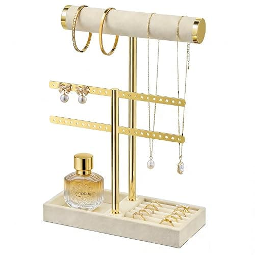 Josmimic Schmuck Organizer mit 2 Ebenen - Schmuckständer Armbänder, Beige Abnehmbarer T-Steg Schmuck Ständer, Samt-Armbandhalter, Schmuckhalter für Armband, Halskette, Uhren, Ringe - Image 1