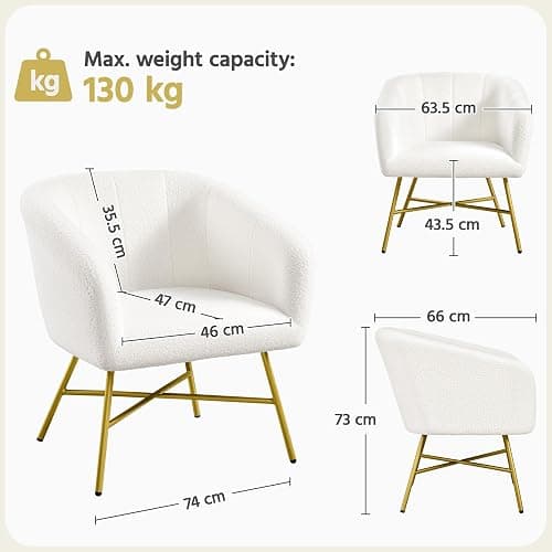 Yaheetech Boucle Tub Chair, Upholstered Vanity Chair with Round Back, White | Modern Armchair with Integrated Backrest and Armrests, Thick Padded Seat and Adjustable Foot Pads for Living Room Bedroom thumbnail 3