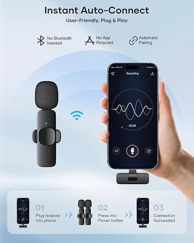 2 Pack Wireless Lavalier Microphone for iPhone iPad and Android Phone, Lapel Mic Plug and Play Wireless Mic Noise Reduction Mini Microphone for Video Recording Interview Podcast Vlog YouTube Tiktok thumbnail 2